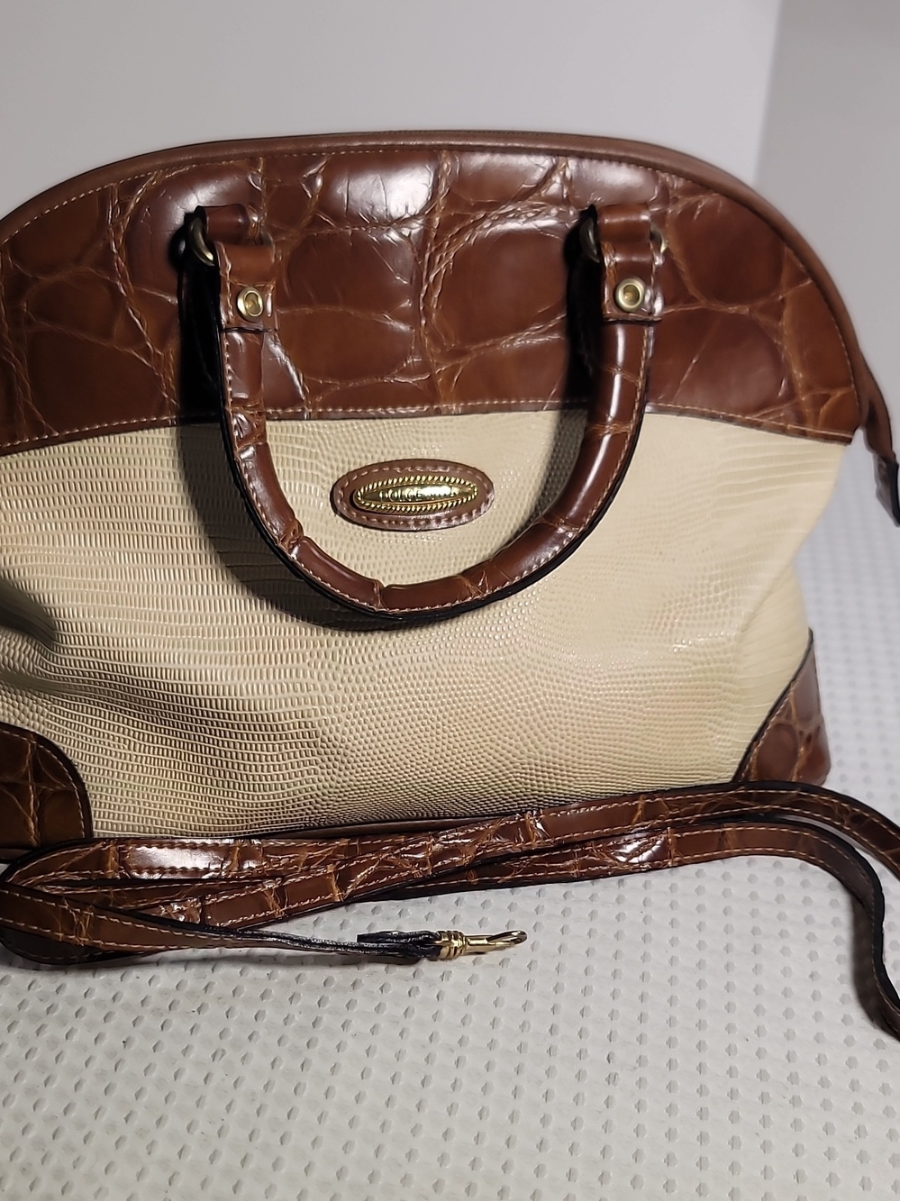Women's Cream & Brown Satchel with Croc-Texture Trim